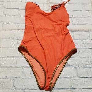 Aerie Cheeky Orange One-Piece Swimsuit with Gold Trim